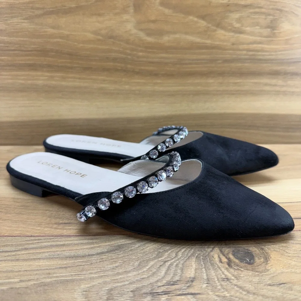 LOREN HOPE Audrey Slides Crystal 7 EU 38 Black Suede Pointed Toe Mules Flats